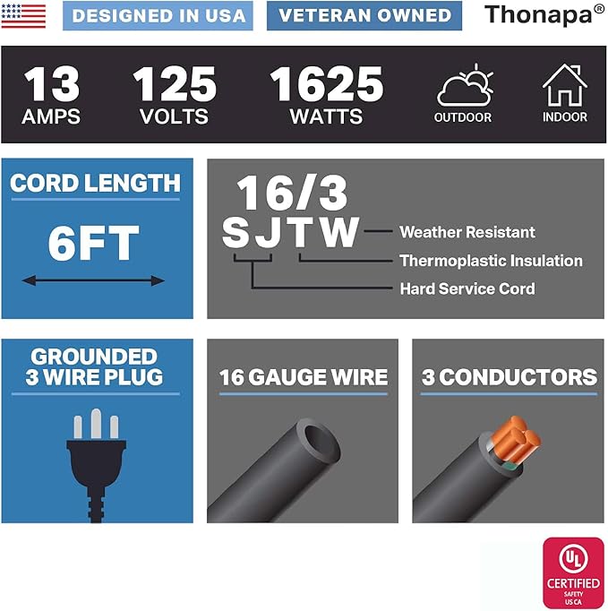 Thonapa 13 Amp Outdoor Extension Cord 6 ft, 16/3 SJTW 6 Foot Black Extension Cord 3 Prong, Weatherproof Exterior Power Cable for Outside Lights & Lawn, UL Certified - US Veteran Owned