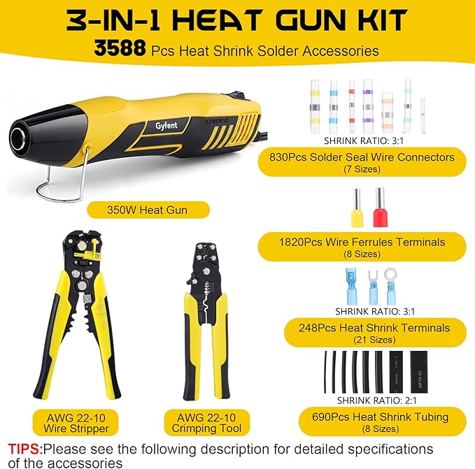 3-In-1 Heat Gun Kit with 3588Pcs Heat Shrink Solder Accessories, 350W Mini Heat Gun with AWG24-10 Wire Stripper and AWG22-10 Crimping Tool Wire Connectors for Shrink Tubing Marine Automotive