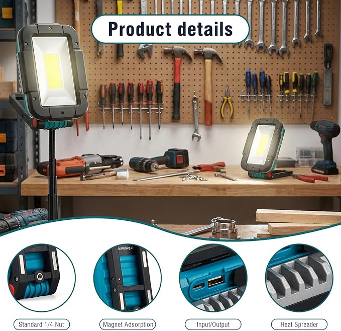 SUNREI LED Rechargeable Magnetic Work Lights COB Mechanic Lights,1500 Lumens, Magnetic Base & Hanging, 7Mode, 10400mAh Magnetic Flashlight Job Site & Security for Car Repair, Emergency, Gift for Men