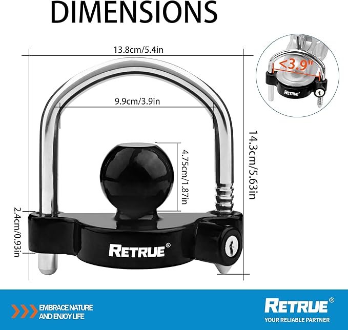 RETRUE Universal Coupler Lock Trailer Locks Ball Hitch Trailer Hitch Lock Adjustable Security Heavy-Duty Steel Fits 1-7/8 Inch, 2 Inch, 2-5/16 Inch Couplers Black (Pack of 2)