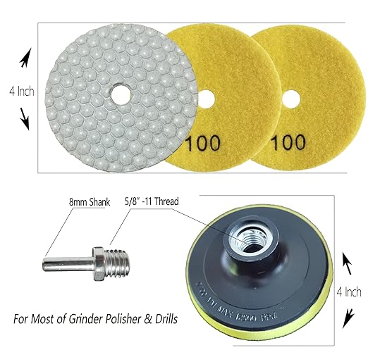 16 Packs Dry Diamond Polishing Pads Grit 100, 4 Inch Dry/Wet Granite Sanding Pad for Bufffing Marble Quartz Concrete Stone Tiles Used for Grinder Polisher Drill