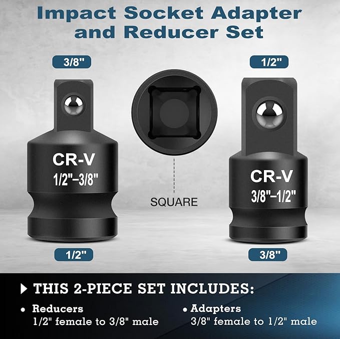 2PCS Impact Socket Adapter and Reducer Set, 1/2" to 3/8" & 3/8" to 1/2" Inch Square Drive Wrench Adapter, CR-MO Steel, for Drill, Breaker Bar, Ratchet Drive, Christmas Stocking Stuffers for Adults