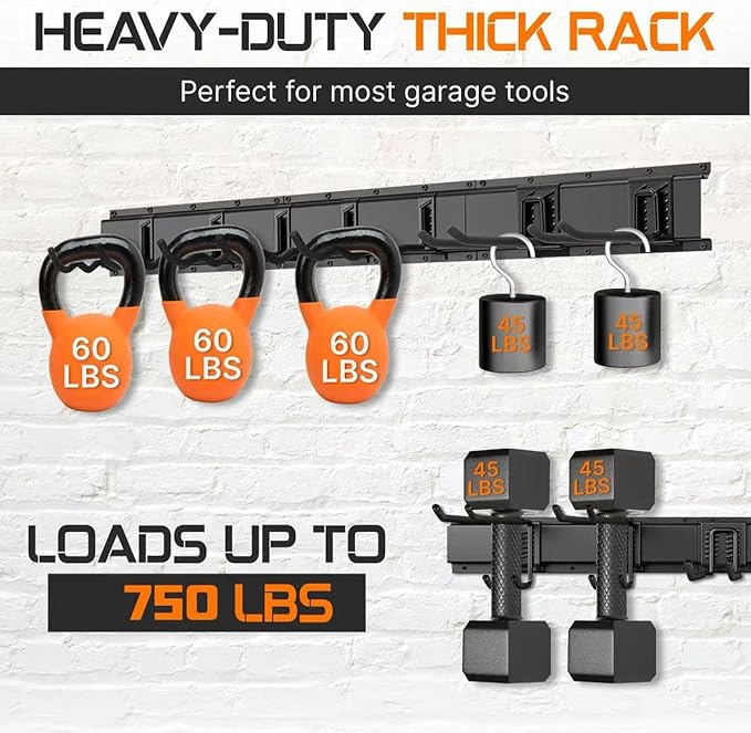 "64 Garage Tool Organizer Wall Mount - Heavy Duty 750lbs Metal Storage Rack, Easy Install Adjustable Hooks for Garden Tools Brooms