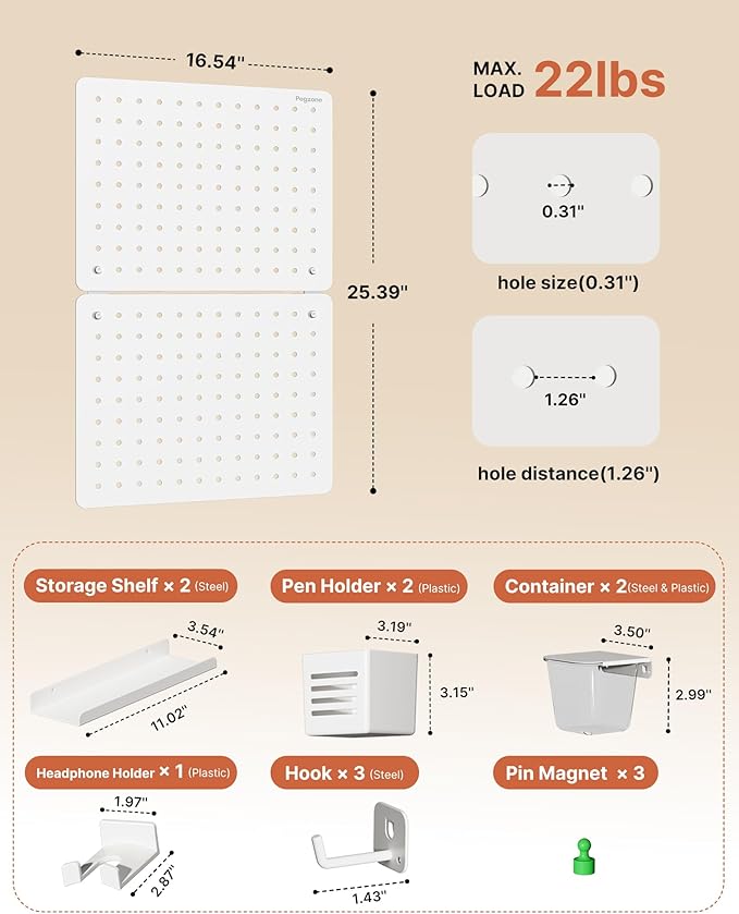 PEGZONE Pegboard Wall Organizer Combination Kit, Overall 25.4"x16.6" Metal Office Pegboard with 13 Accessories, Wall Mounted Peg board Display Panels for Home, Gaming Room, Garage (2Pcs,White)