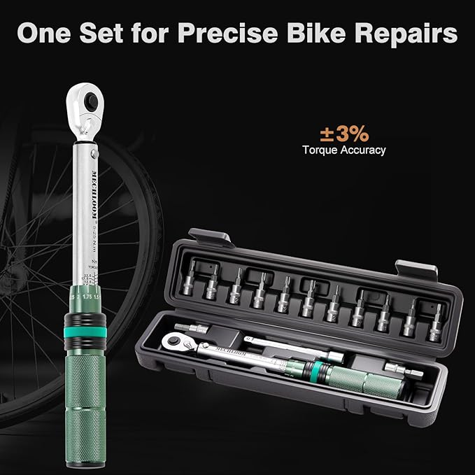 1/4-Inch Torque Wrench, 5–25 N·m, 15-Piece Click Bike Torque Wrench Set with Bits and 4-Inch Extension Bar, Dual-Direction, 0.25 N·m Increments, ±3% Accuracy for Bicycle Maintenance