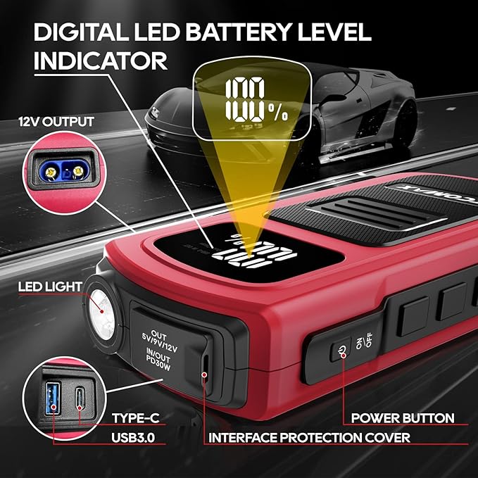 ECOMAX ECA80 Jump Starter, Car Battery Jump Starter, 1500A Peak 15000mAh Portable Car Jump Starter Battery Pack (7L Gas/5L Diesel) with USB/Type-C Quick Charging, LCD Display and LED Light