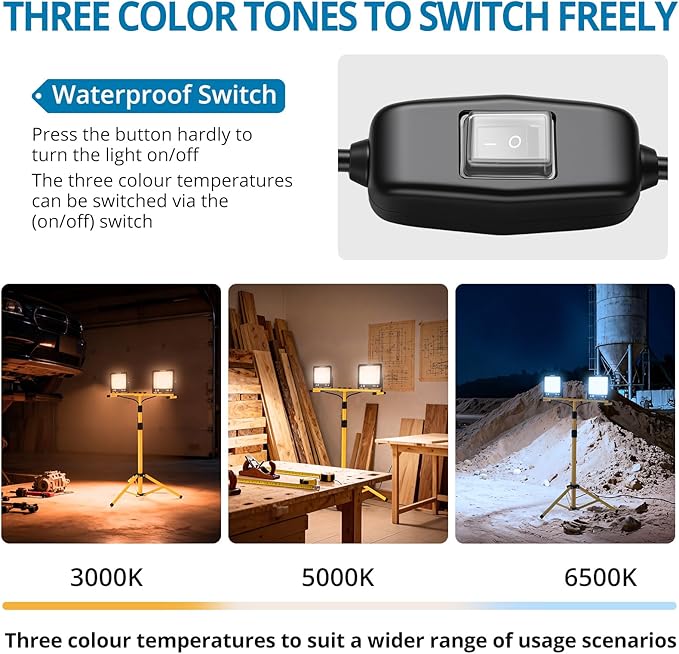 AUTOUTLET 2 Head LED Work Lights with Stand, 19000LM Adjustable Head Tripod Work Light with 16.4ft Cord, 288Pcs LEDs Beads, 3 Color Temperatures, IP66 Waterproof for Garage, Outdoor, Construction