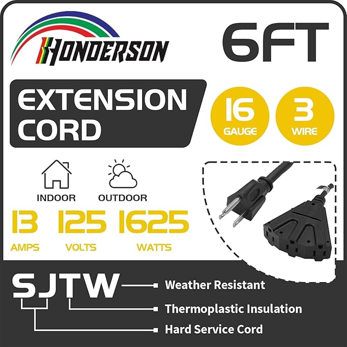 3-Outlets Indoor Outdoor Extension Cord Weatherproof, UL Certified, 16 Gauge 6FT Black 3 Prong Heavy Duty, 16/3 SJTW 13A Power Cord