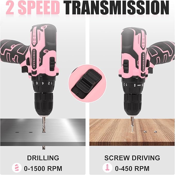 COMOWARE Pink Cordless Drill Set for Women, 12V Lightweight Electric Screwdriver with 3/8" Keyless Chuck, 1.5Ah Battery - Portable Power Drill Kit with Pink Tool Bag for Home DIY Projects