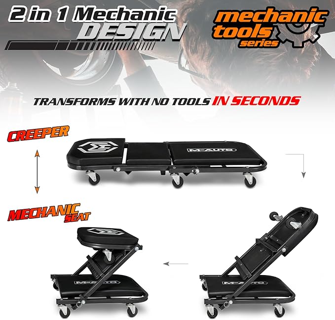 M-AUTO Foldable Z Creeper 2-in-1 Rolling Folding Car Creeper & Seat, 36" Adjustable Roller Garage Chair Lay Down or Sit, 330LBS Capacity Under Car Roller Creeper with 6 Swivel Casters, Black