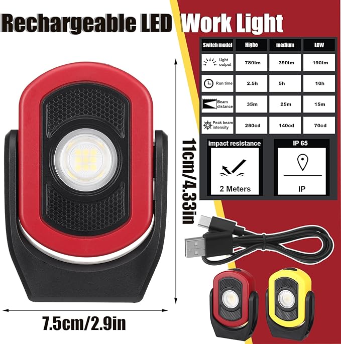Retisee 2 Pack 780 Lumens Magnetic Work Light USB Rechargeable LED Flashlight Portable Inspection Light for Car Repair Emergency Lighting Mechanics Workshop (Red,Yellow-2PK)