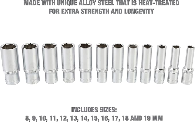 OEMTOOLS 23981 12 Piece Deep Socket Set 3/8, Deep Well Socket Set Metric 8mm-19mm, Heat-Treated Alloy Steel Sockets, Hard Chrome Finish, EVA Foam Tray