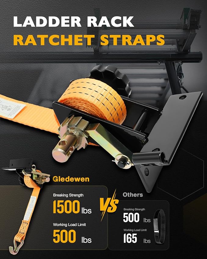 Pipe Rack Ratchet Straps, W/J-Hook (2PCS), 1.4" Black Square Tube Mount, 1.5" Wide x 7.5' Long, Orange Ladder Rack Ratchet Straps, 500 lbs Load Heavy Duty, Truck/Roof Rack Straps, Lumber Rack Strap