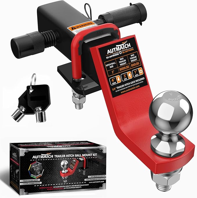 AUTMATCH Trailer Hitch Ball Mount with 2 Inch Hitch Ball - Fits 2" Receiver with Hitch Tightener, 8000Lbs Capacity Ball Hitch, 4-Inch Drop with 5/8" Hitch Lock Pin, Red & Black