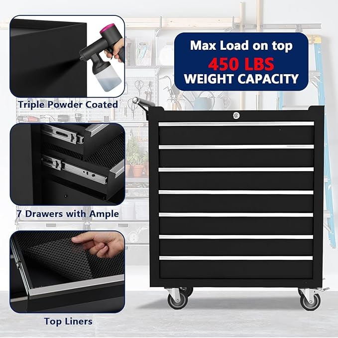 IDEALHOUSE Rolling Tool Chest, 7 Drawers Tool Storage Cabinet, Toolbox with Wheels, Portable Tool Cabinet Organizer with Locking System & Drawer Liners, Tool Storage Cart for Garage, Workshop, Black