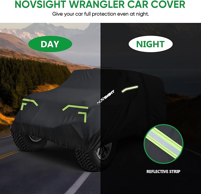 NOVSIGHT Car Cover for Jeep Wrangler 2 Door - Waterproof All Weather Outdoor Cover (2007–2025 JK JL), Windproof with Straps, 210D Oxford Fabric, Reflective Strips