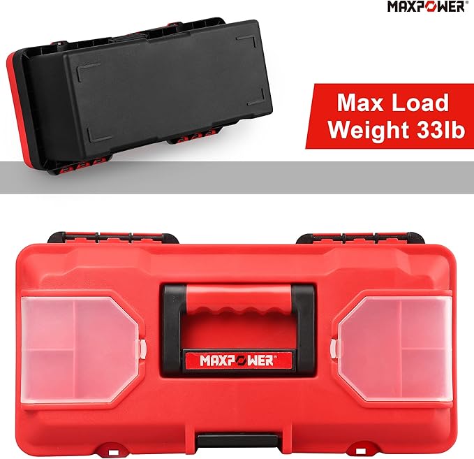 MAXPOWER Small Tool Box, 14-inch Plastic Tool Boxes with Handle, Removable Tray with Dual Lock Secured, Red Toolbox for Home