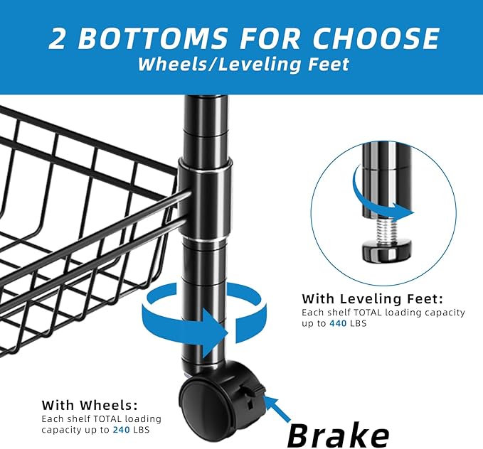 Guan River 4 Tier Wire Shelving Wire Basket Shelf Storage Cart Adjustable Metal Shelf 2 Bottoms for Choose(Castor or Leveling Feet) for Office,Kitchen,Bedroom,Black(23.23" L x 13.11" W x 49.21" H)