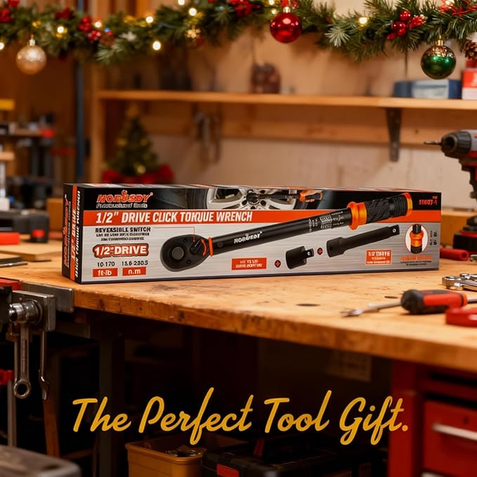 HORUSDY 1/2-Inch Drive Click Torque Wrench Set – 10–170 ft-lb / 13.6–230.5 Nm, ±3% Precision, Dual Scale, 72-Tooth Reversible Head with 5" Extension & Adapter for Car, Tire, and Motorcycle Use