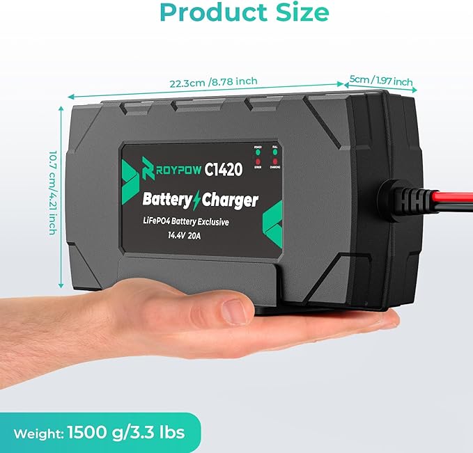12V 20A Lithium Battery Charger, RoyPow 12V LiFePO4 Battery Charger 14.4V Smart Lithium Battery Chargers with M8 Ring Terminal, 12V battery Maintainer for Deep Cycle Rechargeable Battery of Boats, RVs