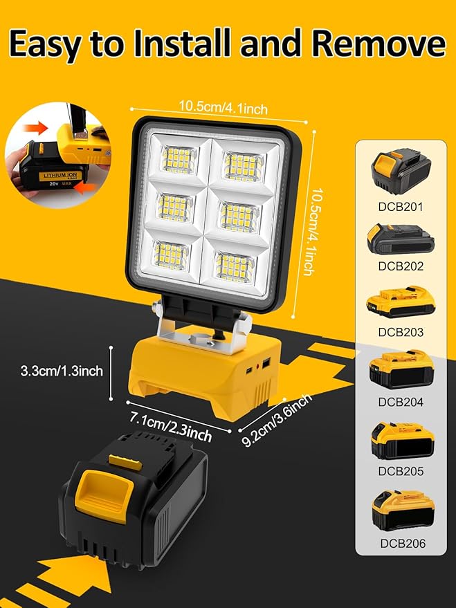 2 PCS LED Work Light Compatible with Dewalt 20V Max Battery T-SUNiceM 5200LM Flashlight 20V Battery Cordless Work Light 140°Adjust with Low Voltage Protection for Outdoors and Job Site Lighting