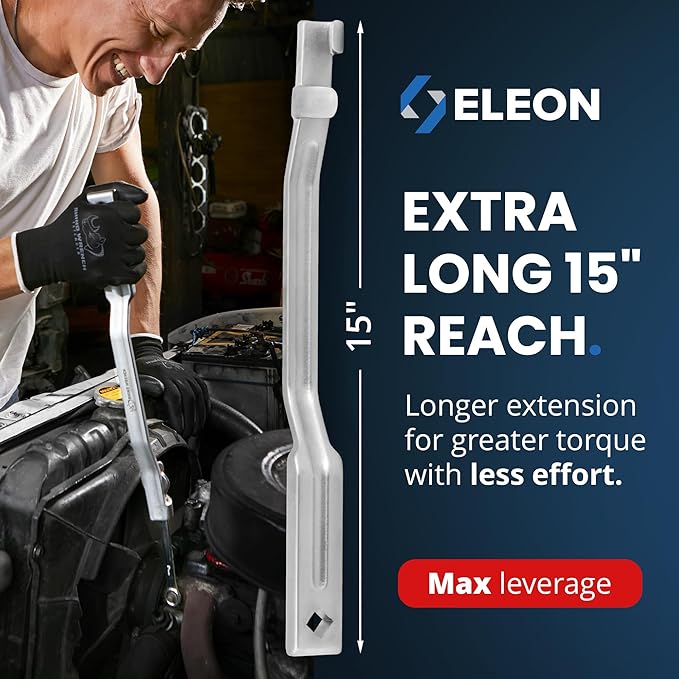 Eleon Rhino Wrench Extender Tool Bar - Extra-Long 15 Inch Wrench Extension for Maximum Leverage - Torque Multiplier with Non-Slip Gloves and Microfiber Towel - Solid Steel Tools (Extra Large)