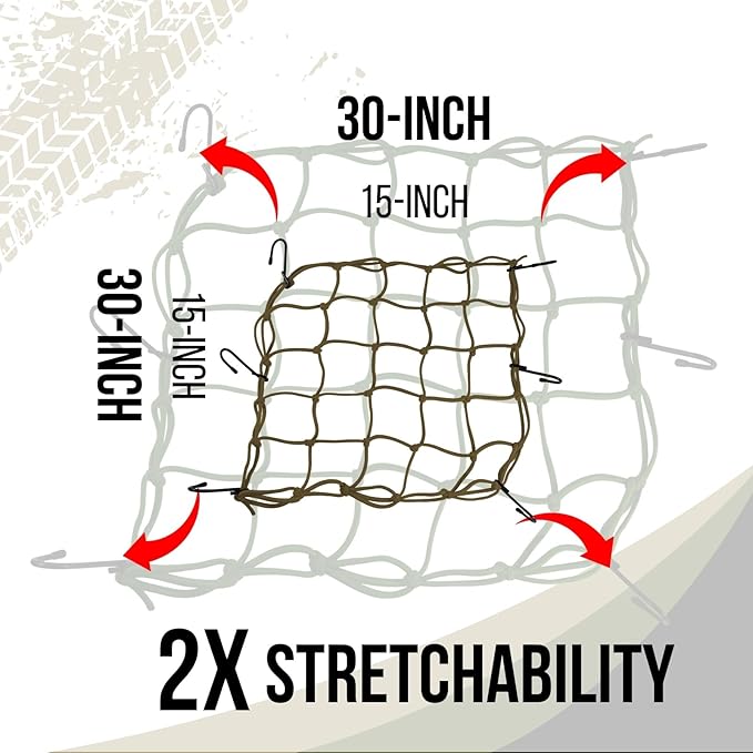 2 Pack Small Cargo Net for Motorcycle, Bike, ATV, UTV, 15"x15" Elastic Bungee Mesh Net with Hooks, Secure Gears, Helmet, Luggage, Stretch up to 30"x30"