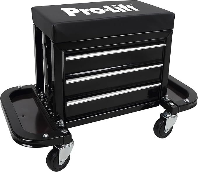 Pro-Lift Mechanic Roller Seat with Tool Box - 3-Drawer Rolling Tool Chest Stool with Padded Seat Cushion for Garage Creeper – 400 Lbs Capacity