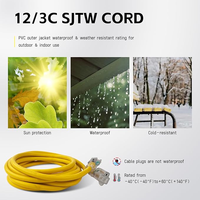 EP 8 Ft Lighted Extension Cord - 12/3 SJTW Heavy Duty Yellow Extension Cable with 3 Prong Grounded Plug - Power Cord for Lawn, Garden, Appliances