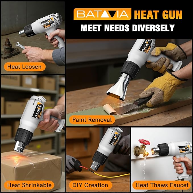 Heat Gun - BATAVIA Dual Protection Fuses 1800W Heavy Duty Fast Heat Hot Air Gun with 752℉&1112℉ Dual-Temperature Settings and 4 Nozzles with Overheat Protection for Crafts, Vinyl Wrap, Shrink Tubing