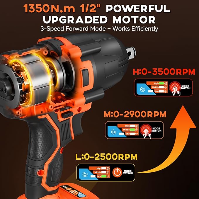 Protmex 900Ft-lbs (1200N.m) Impact Wrench, 1/2" Cordless Impact Driver, 21V High Torque Power Impact Gun - 2x4.0Ah Batteries, Variable Speeds Impact Motor for Pickup Truck/Family Car (Orange Red)