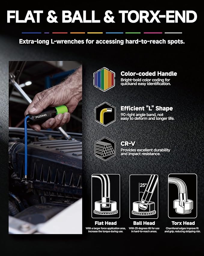 19-Piece Metric(1.5-10mm) & Torx(T10-T50) Allen Wrench Set, Color-Coded Ball End Hex Key Set with Bonus Torque Handle, Extra-Long, Anti-Rust for Motorcycle, Car Repair & Diy, PTM01019A