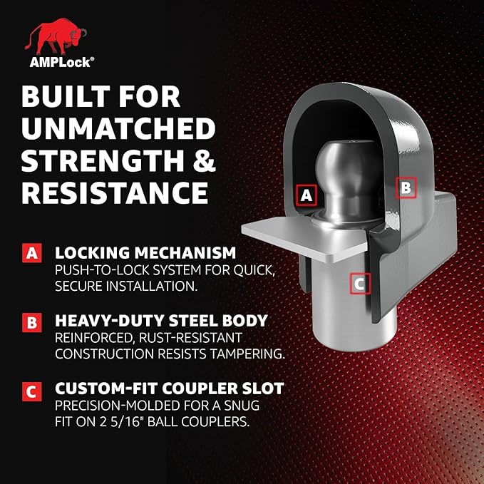 AMPLock - U-BRA2516 Heavy Duty Trailer Coupler Lock, 2 5/16" Trailer Hitch Lock for RV, Trailer Ball Lock, Anti-Theft Coupler Ball Lock, Round Edge Collar Lock Design, Push-to-Lock Security System