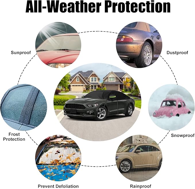 300D Black Oxford Half Car Cover Compatible with 2005-2024 Ford Mustang S-197/S550/S650, Protector Car Body Covers for Windproof Dustproof UV Resistant Protect Your Windshield and Roof