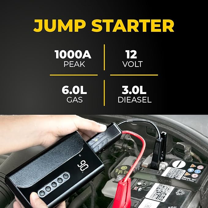 Jump Starter with Air Compressor Portable - 10400mAH - 150PSI – 12V Battery Booster, LCD Display, LED Lights, Power Bank Function Ultralight - RAPIKITS