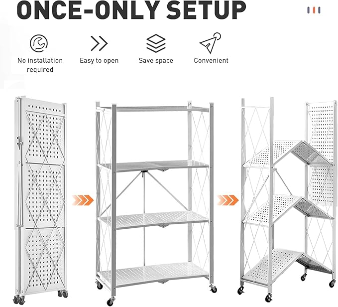 Foldable Storage Shelves with Wheels, Folding Shelving Units Storage, Heavy Duty Metal Collapsible Shelf No Assembly, Large Capacity Pop-Up Organizer for Garage,Kitchen,Living Room, 4-Tier White