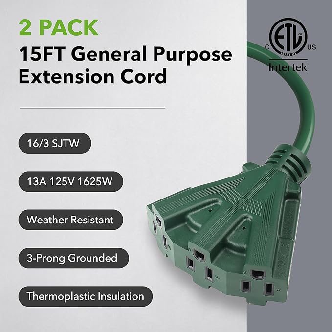 BN-LINK 2-Pack 15Ft Outdoor Extension Cord with 3 Outlets 16/3 SJTW Power Cord, 3-Prong Grounded Plug, for Landscaping & Holiday Decorations, ETL Listed