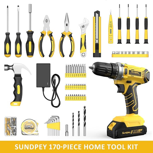 Sundpey Tool Kit with 21V Drill - 170-PCs Portable General Basic Home Repair Tool Set with Power Drill & 2.0Ah Battery & Charger & Tool Box for Homeowner Drilling DIY Projects House Repairs & Handyman