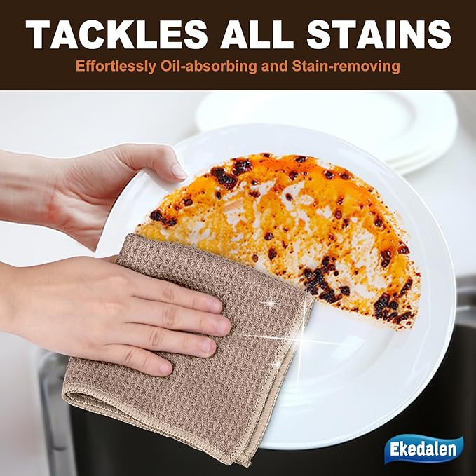 Microfiber Cleaning Cloth Waffle Weave for Dusting Absorbent Towel Quick Drying Dust Rags Household Kitchen, Lint Free Streak Free, 6 Pack,12 x 12 Inches, Khaki
