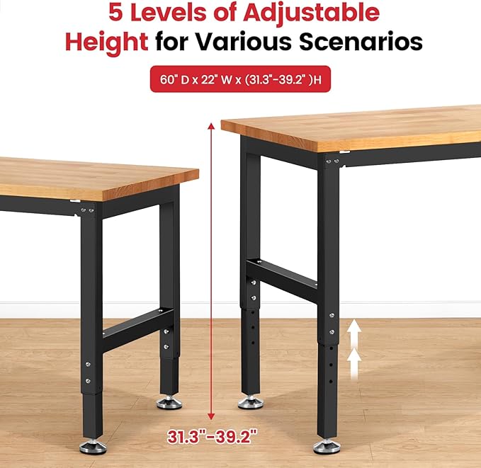 ENJOYWOOD 60" x 22" Garage Workbench Adjustable Height Work Table Heavy Duty Rubberwood Top Work Bench for Workshop, Office & Home