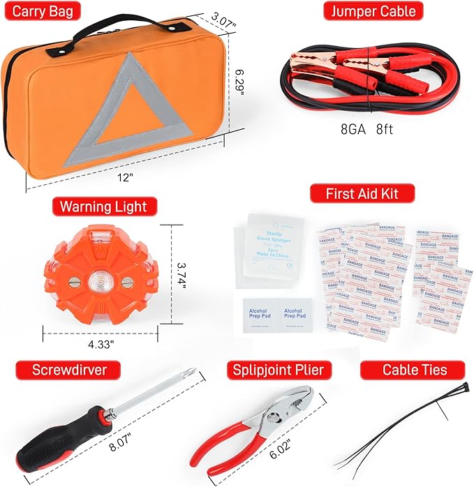 Car Safety Kit, NOONE Multifunctional Roadside Assistance Emergency Kits - First Aid Kit, Jumper Cables, LED Warning Light, Orange Strong Bag, Tools