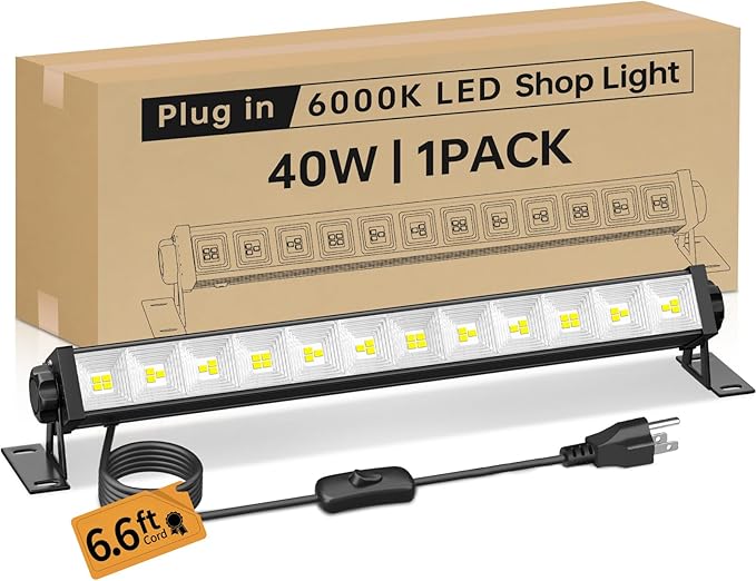 40W LED Shop Lights with 6.6FT Cord, Swtich, 5400LM Plug in Garage Light, 6000K Daylight Shop Lights for Garage, Workshop, Warehouse, Indoor (1 Pack)