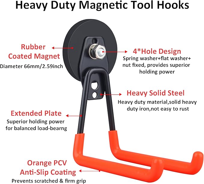 ULIBERMAGNET Magnetic Power Tool Organizer,Cordless Drill Garage Hook Heavy Duty,Large & Strong Manget with Hooks for Garage,Workshop Organization,2 Pack Hooks for Drill,Garden Tool(Orange)