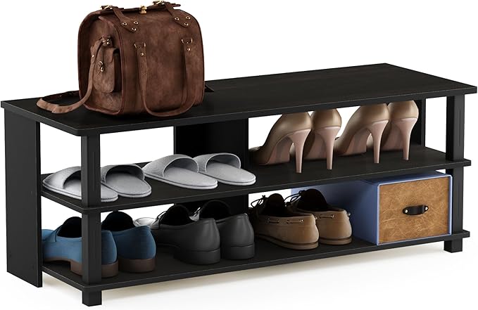 Furinno Turn-N-Tube Shoe Rack, 3-Tier Shoe Organizer, Compact Shoe Storage with Open Shelves, 15.5 x 41.1 x 15.8, for Closet Entryway, Office, Garage, Espresso/Black