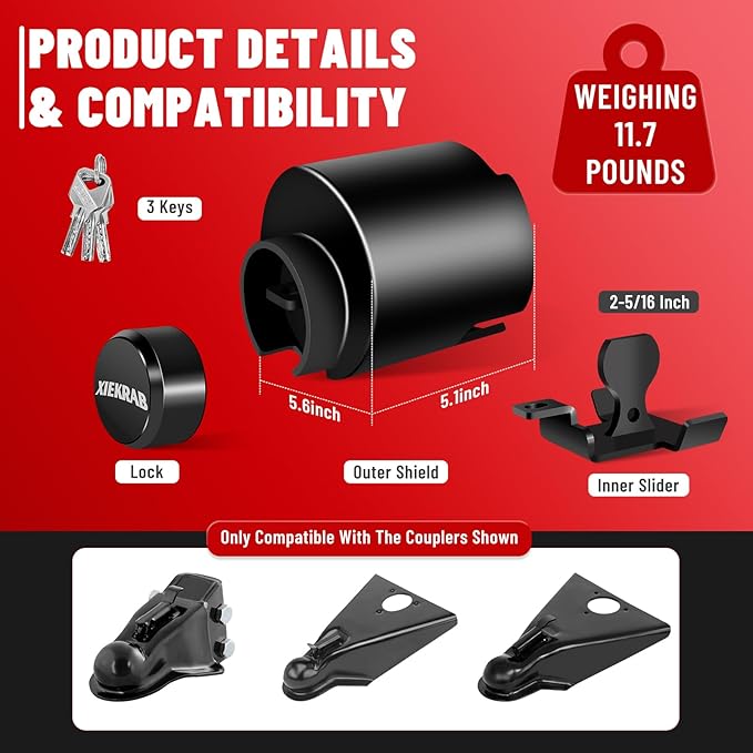 2-5/16” Trailer Coupler Lock, Heavy-Duty Anti-Theft Trailer Hitch Lock with 304 Stainless Steel Core, Fits RV, Boat, Utility & Cargo Trailers, Black