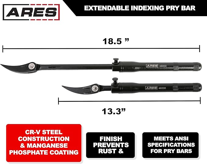 ARES 46000-13.3-Inch to 18.5-Inch Pry Bar - Indexable Bar, Extendable Reach - 14-Position Adjustable Angle Head - Chrome Vanadium Steel