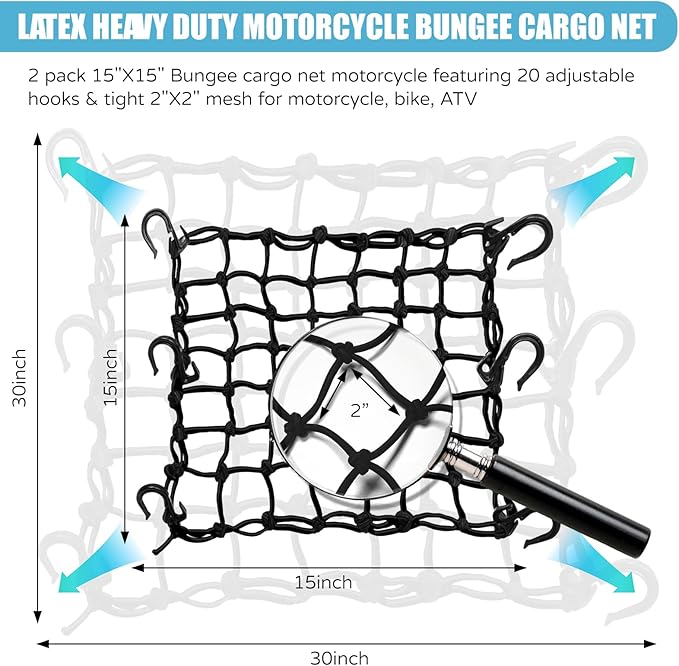 2 Pack 15"X15" Motorcycle Cargo Net Stretches to 30"x30", 2"x2" Tight Mesh,Total 20 Hooks, Cargo Nets for Motorcycle Luggage Bike Basket, Luggage Rack ATV Rack Snowmobile Cargo Helmet Net