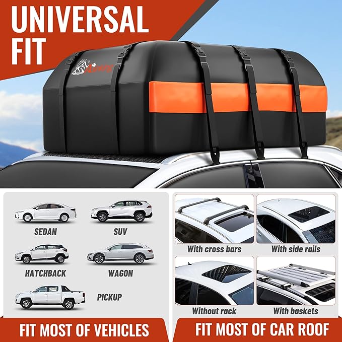 Car Rooftop Cargo Carrier Bag, 21 Cubic Feet 100% Waterproof Heavy Duty 840D Car Roof Bag for All Vehicle with/Without Racks - Anti-Slip Mat, 6 Door Hooks, Storage Bags, 2 Extra Straps, Luggage Lock