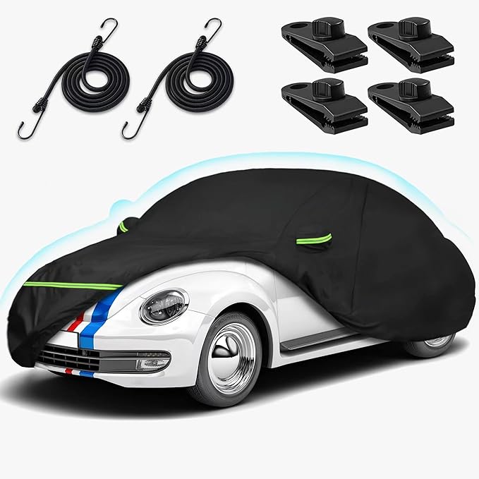 Car Covers for 1998-2025 Volkswagen New Beetle 2 Door, Waterproof All Weather Beetle Full Car Cover 210T Custom-fit Outdoor Windproof Cover with Door Zipper Up to 170”L(Black)