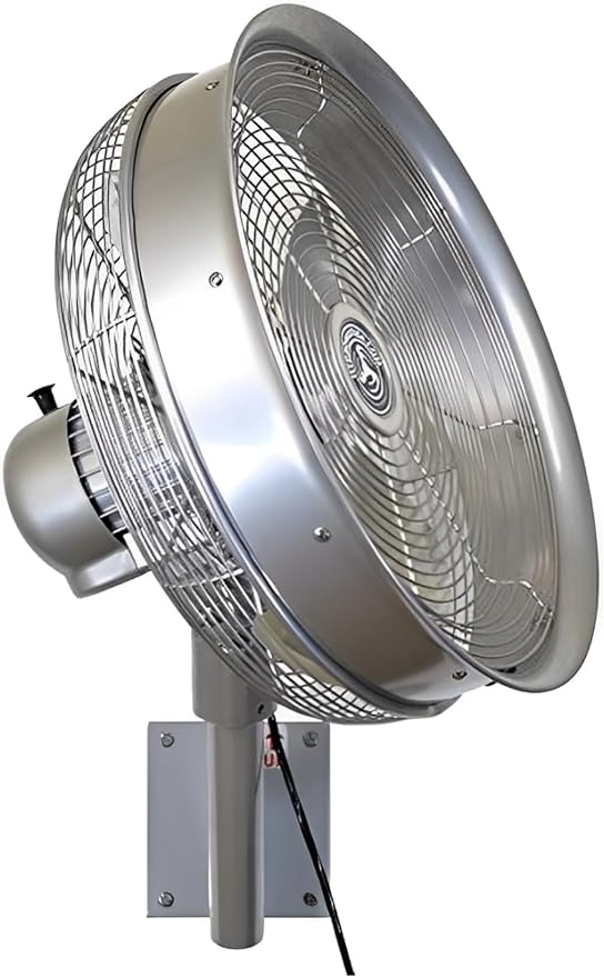 Hydromist Oscillating Wall Mounted Outdoor-Rated Fan, 3-Speed Cord Control, Hard Resin Fan Blade with Mounting Bracket and Black Cover, 18”, Metallic Silver